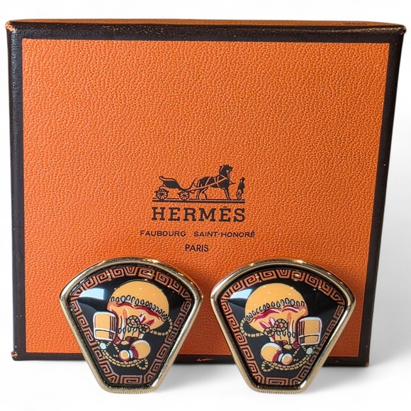 HERMES Cloisonne Enamel Earrings Clip On Gold Tone With Box Vintage